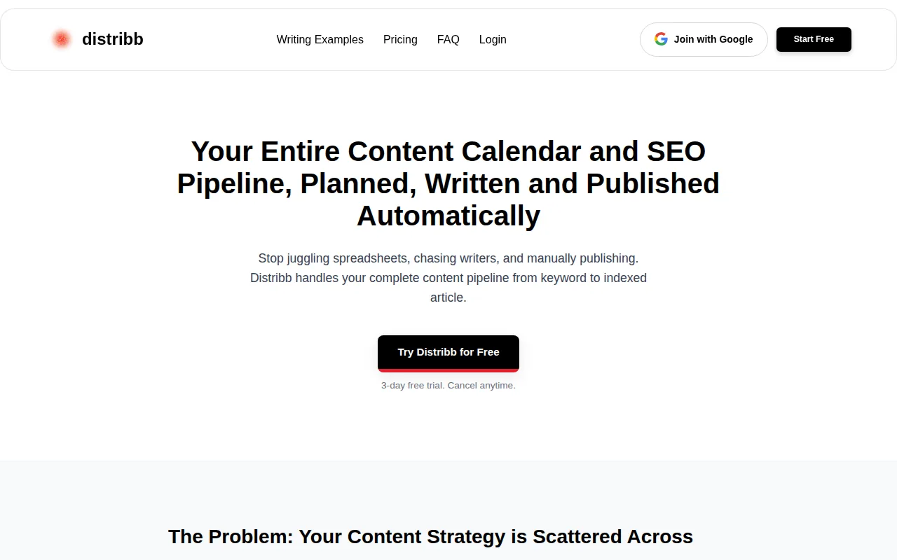Distribb.io: visual reference for 1. Distribb.io (Our Top Pick) — AI‑driven SEO calendar for agencies