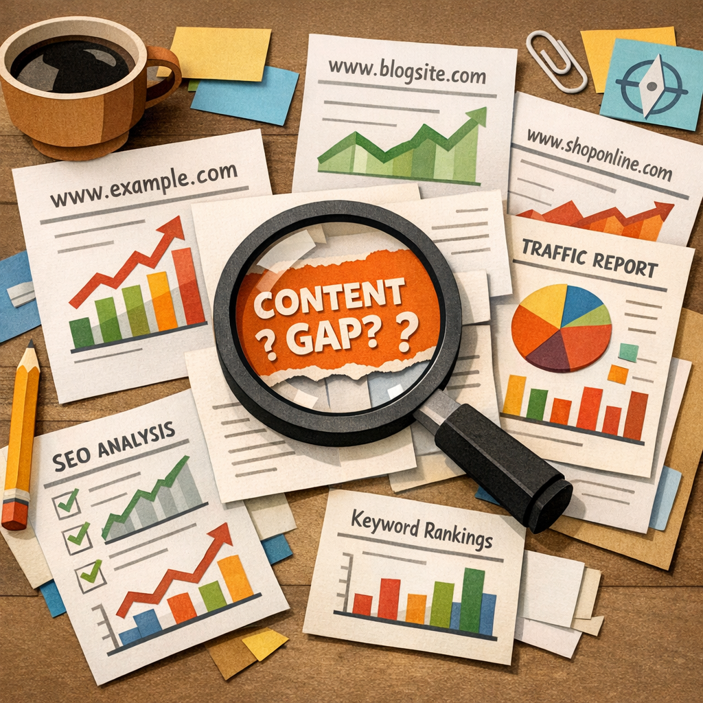 A Papercraft illustration of a desk with scattered paper sheets showing website URLs, performance charts, and a magnifying glass highlighting a content gap, appealing to digital marketers and content creators. Alt: content gap analysis SEO visual.