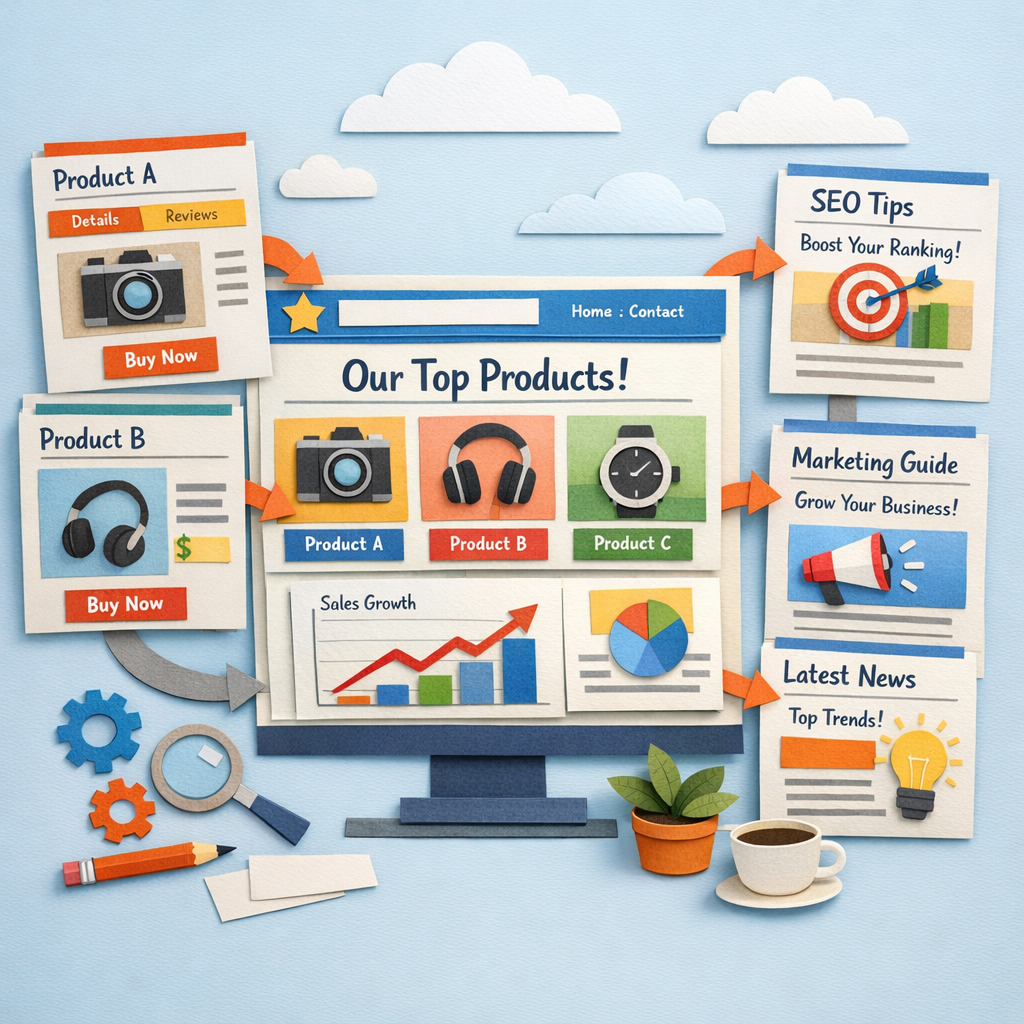 A Papercraft style illustration of a product showcase hub layout, showing a central hero page with linked product pages and supporting blog posts, clean lines, bright colors, aimed at small business owners looking to boost SEO.