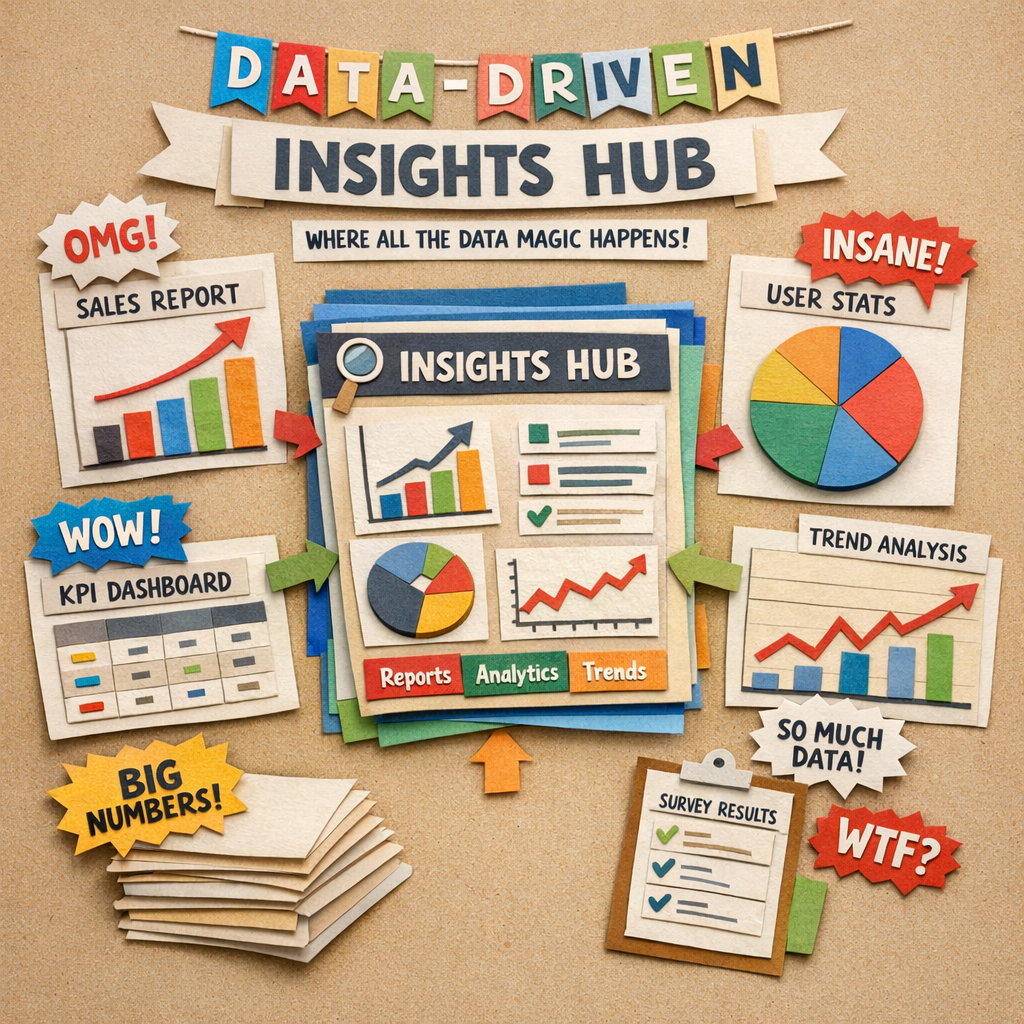 A Papercraft illustration showing a data‑driven insights hub diagram with charts, tables, and a central hub page, meme style. Alt: Content hub examples with data insights visual.