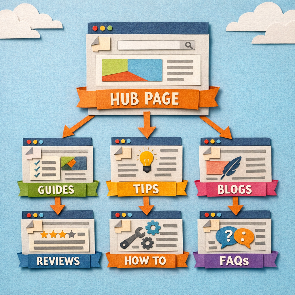 A papercraft illustration of a website hierarchy showing a main hub page branching into several cluster pages, each labeled with simple keywords, alt: diagram of content hub SEO architecture.