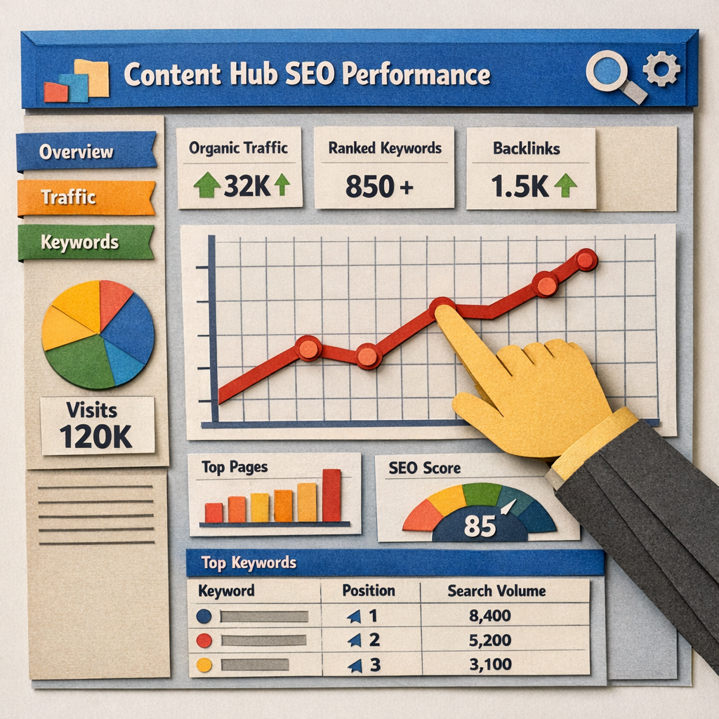 A Papercraft illustration of a dashboard screen showing graphs and tables for content hub SEO performance, with a hand pointing at a rising line chart. Alt: Content hub SEO performance dashboard in papercraft style.