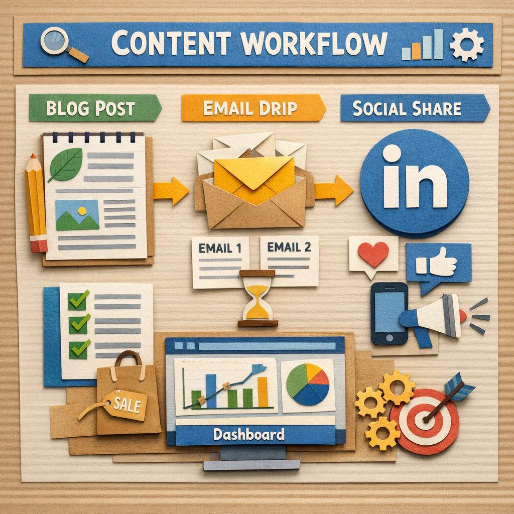 A Papercraft illustration of a marketing dashboard showing a content workflow from blog post to email drip to social share, with icons of a leaf, envelope, and LinkedIn logo, appealing to digital marketers and e‑commerce owners. Alt: Content marketing automation tools workflow diagram in papercraft style.