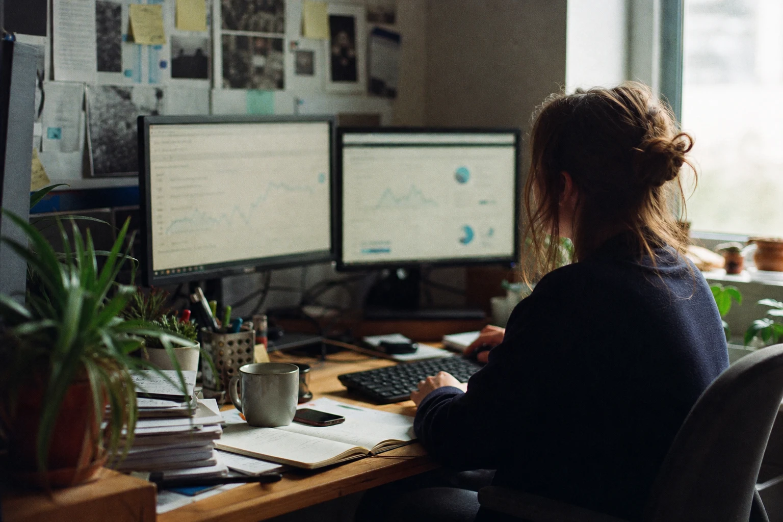 Best Content Strategy Agency Services 5 Documentary-style photo of a marketer studying analytics graphs on two monitors