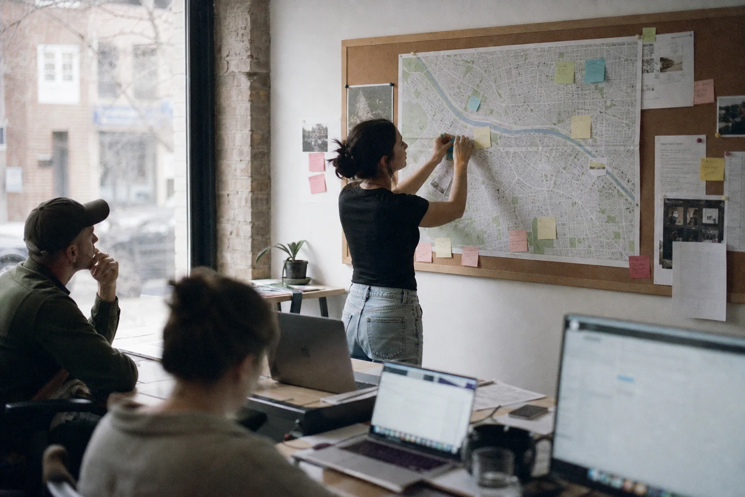 Best Content Strategy Agency Services 6 Documentary-style photo of a marketer pinning notes on a printed city map