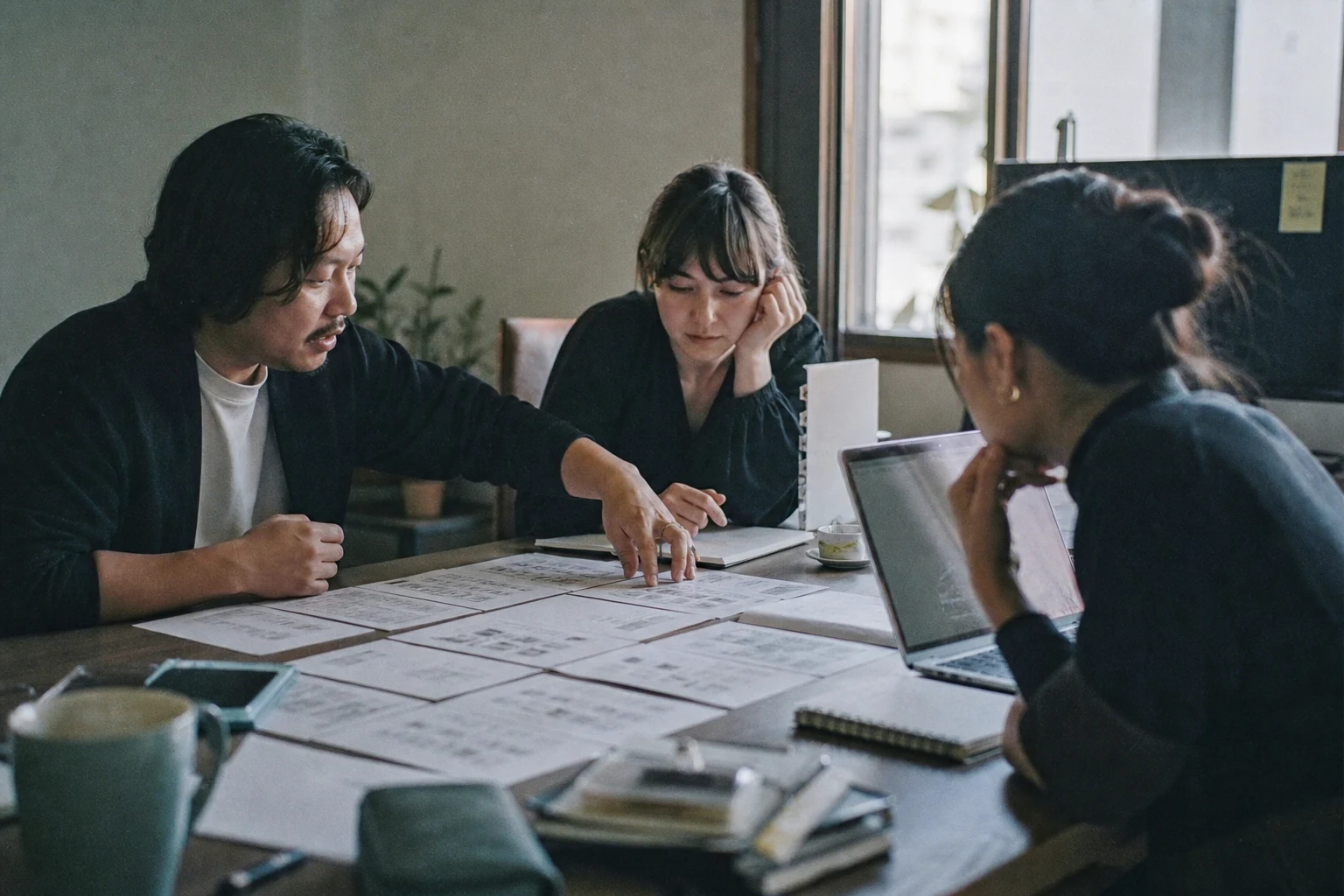 Best Content Strategy Agency Services 9 Documentary-style photo of a team comparing printed content sheets