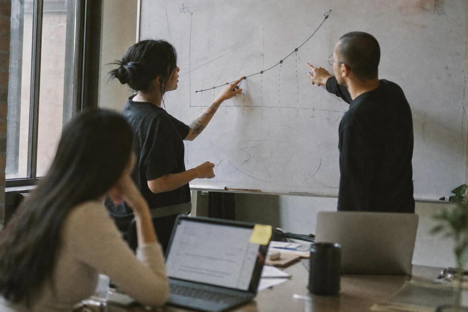 Best Content Strategy Agency Services 10 Documentary-style photo of a whiteboard session around a performance curve