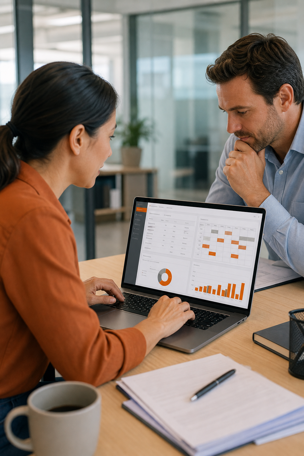A realistic office scene showing administrators using a laptop to manage class schedules and payments, with charts on the screen. Alt: continuing education software dashboard