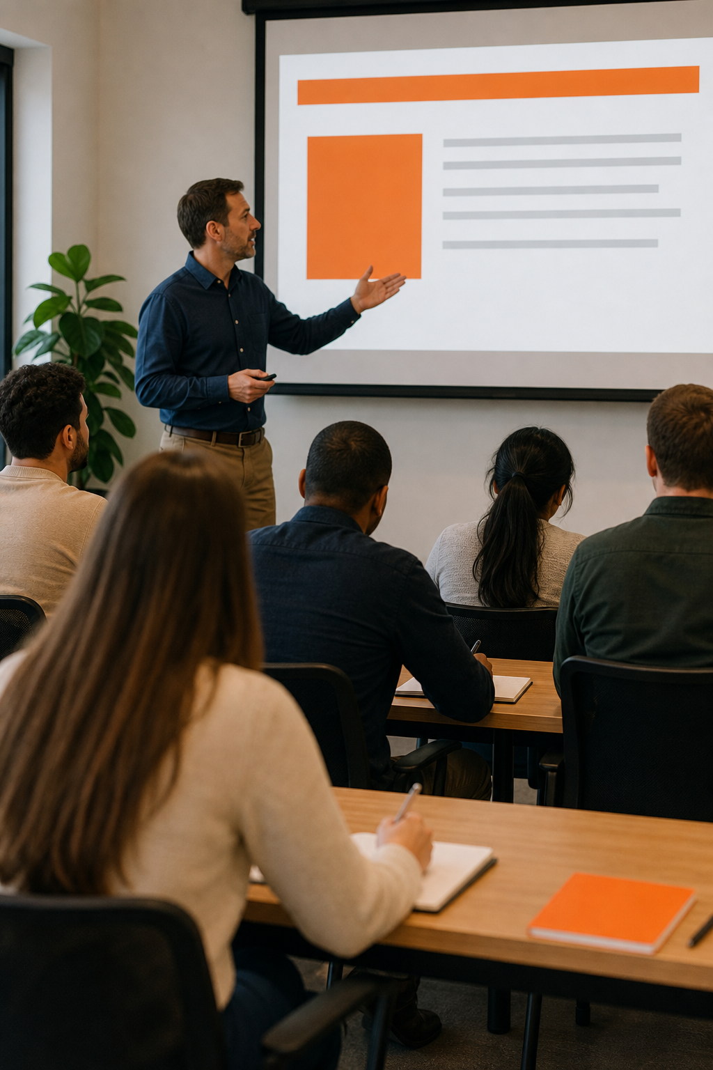 A realistic classroom setting with a trainer showing a simple slide deck on a screen, learners taking notes. Alt: TalentLMS simple interface
