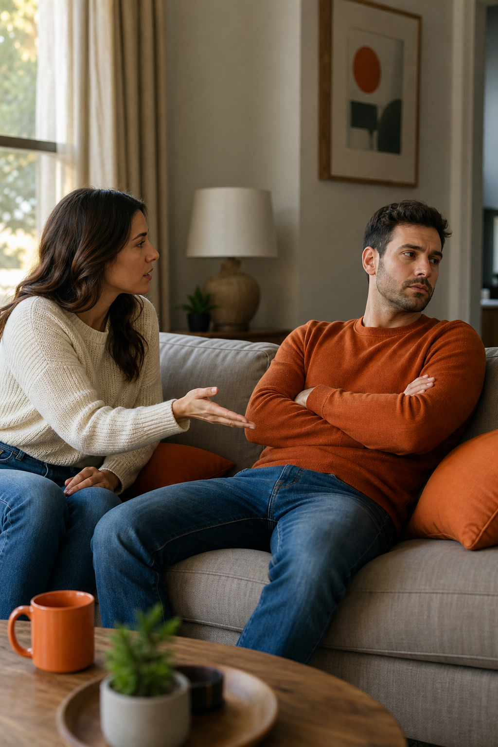 A realistic illustration of two partners in a living room, one reaching out with a gentle hand while the other leans back, a subtle tension visible in their body language. Alt: control freedom cycle couples tension illustration