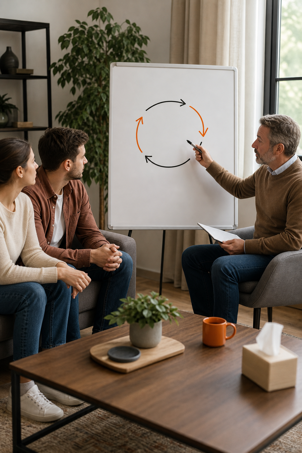A realistic scene of a couple sitting on a couch with a therapist, the therapist holding a notebook and pointing to a diagram of the control‑freedom cycle on a whiteboard. Alt: couples therapy session control freedom cycle illustration