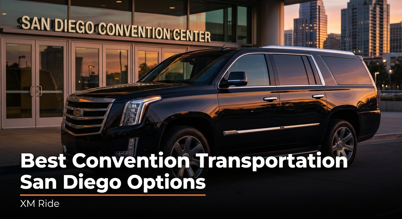 A cinematic scene of a sleek black SUV pulling up to the San Diego Convention Center at sunset, with the city skyline reflected in the vehicle’s windows. Alt: luxury black‑car service San Diego convention transportation