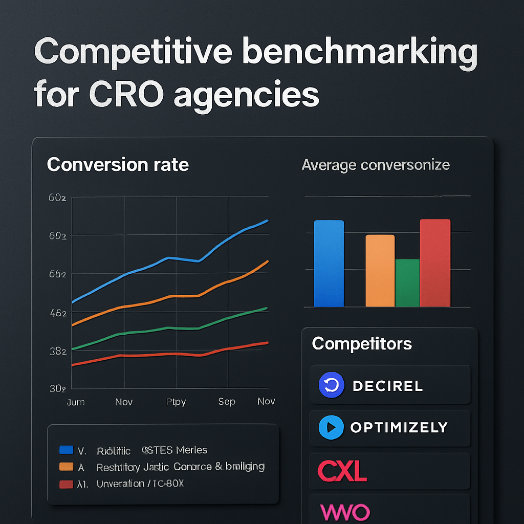 A CRO agency benchmarking dashboard with graphs and competitor logos, alt: Competitive benchmarking for CRO agencies