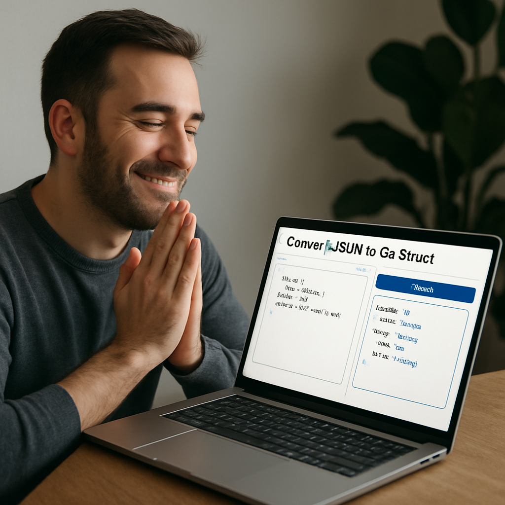 A developer sitting at a laptop, looking relieved as a clean Go struct appears on the screen after pasting JSON into an online converter. Alt: convert json to go struct online tool screenshot showing generated Go code.