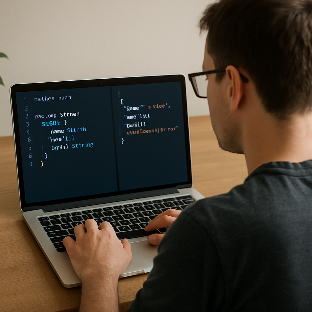 A developer sitting at a laptop, looking at a Go struct in a code editor, with a JSON payload displayed side‑by‑side on the screen. Alt: Validate and refine generated Go structs from JSON using online tools.