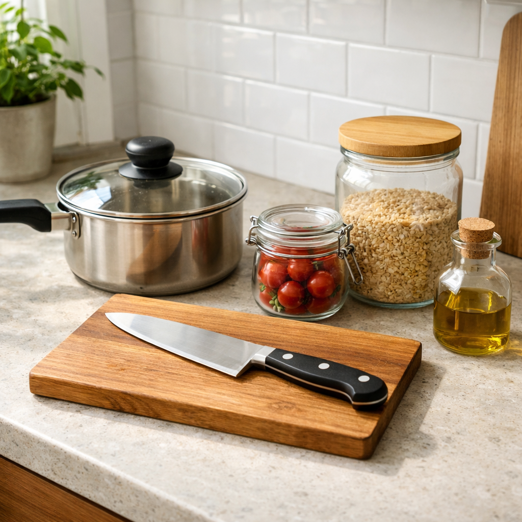 A realistic kitchen counter with a simple pot, cutting board, chef knife, and a few reusable glass containers, bright natural light. Alt: basic kitchen essentials for solo cooking