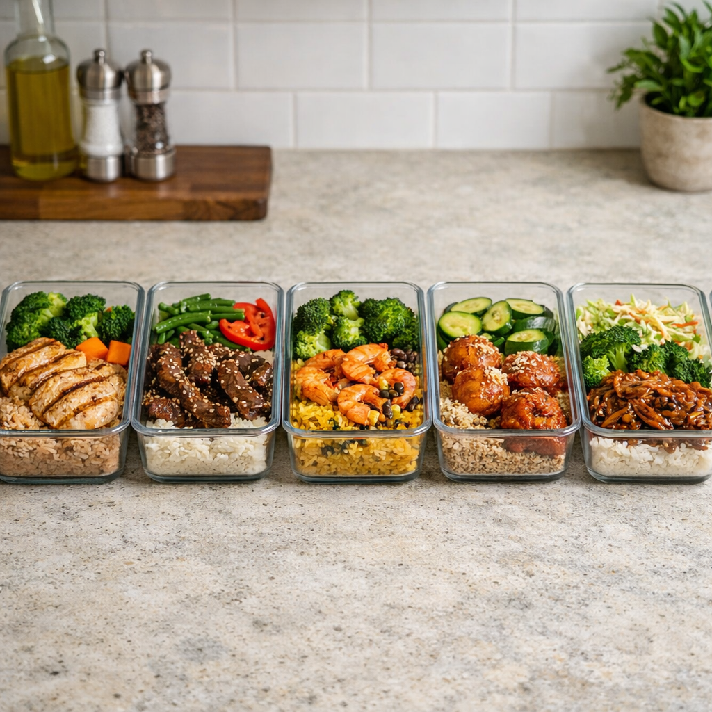 A realistic photo of five glass meal‑prep containers lined up on a kitchen counter, each showing colorful portions of rice, protein, and vegetables. Alt: batch‑cooked meals for solo dining