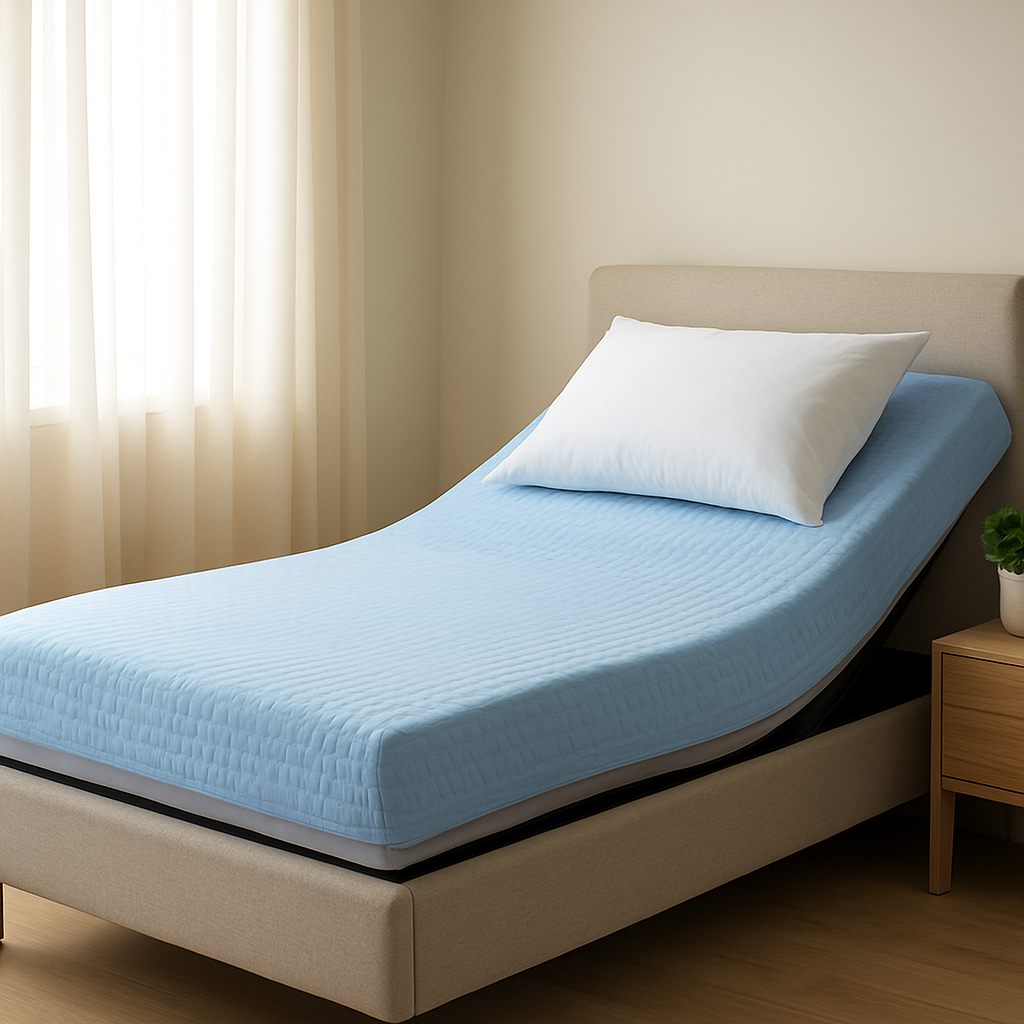 A serene bedroom scene showing an adjustable bed with a sleek, light‑blue cooling mattress protector, soft natural light filtering through curtains, and a small plant on the nightstand. Alt: cooling mattress protector australia – breathable, gel‑infused protector on an adjustable bed.