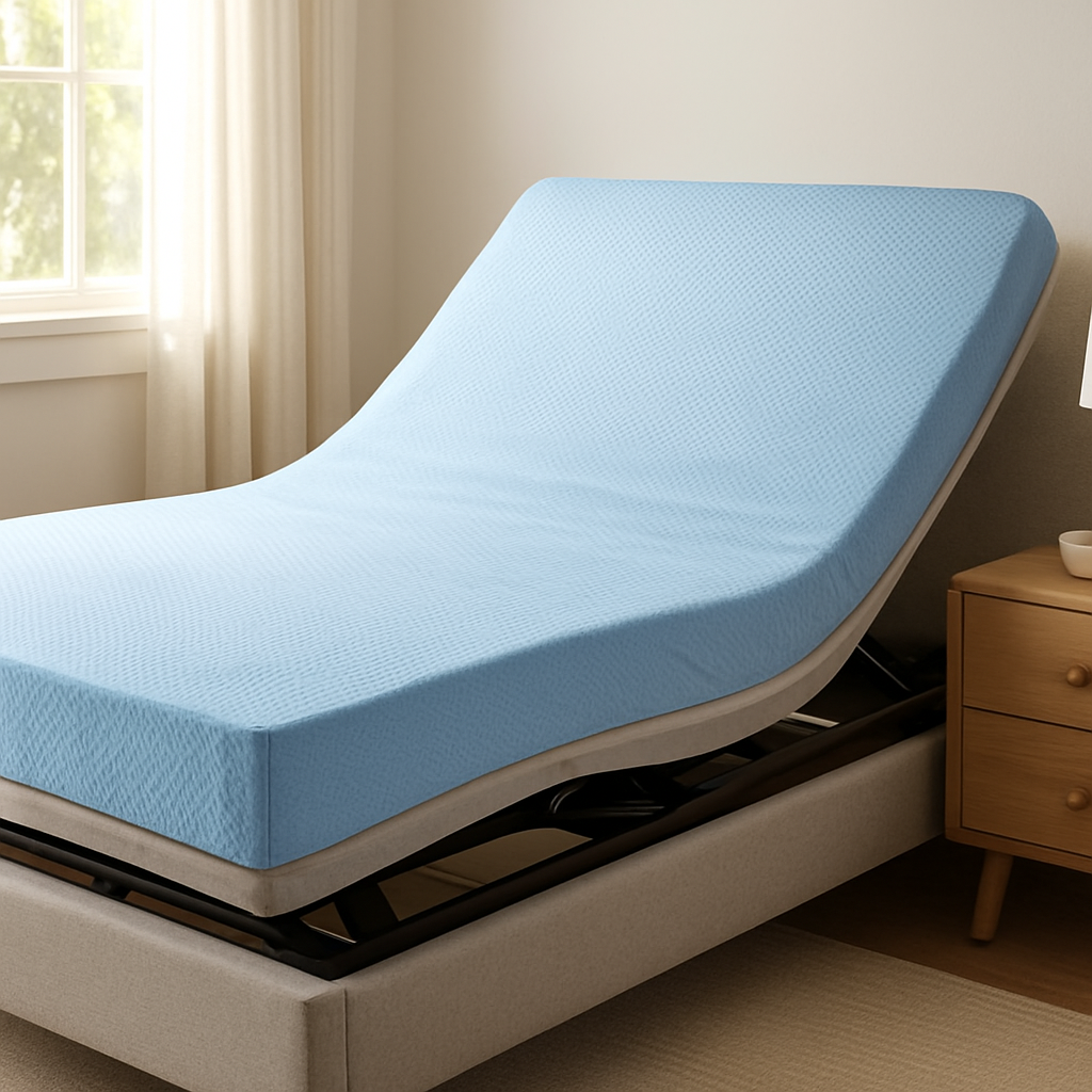 A bedroom scene showing a sleek, light‑blue cooling mattress protector draped over an adjustable bed, soft natural light streaming in, highlighting the breathable fabric. Alt: cooling mattress protector australia – breathable, gel‑infused protector on an adjustable bed.