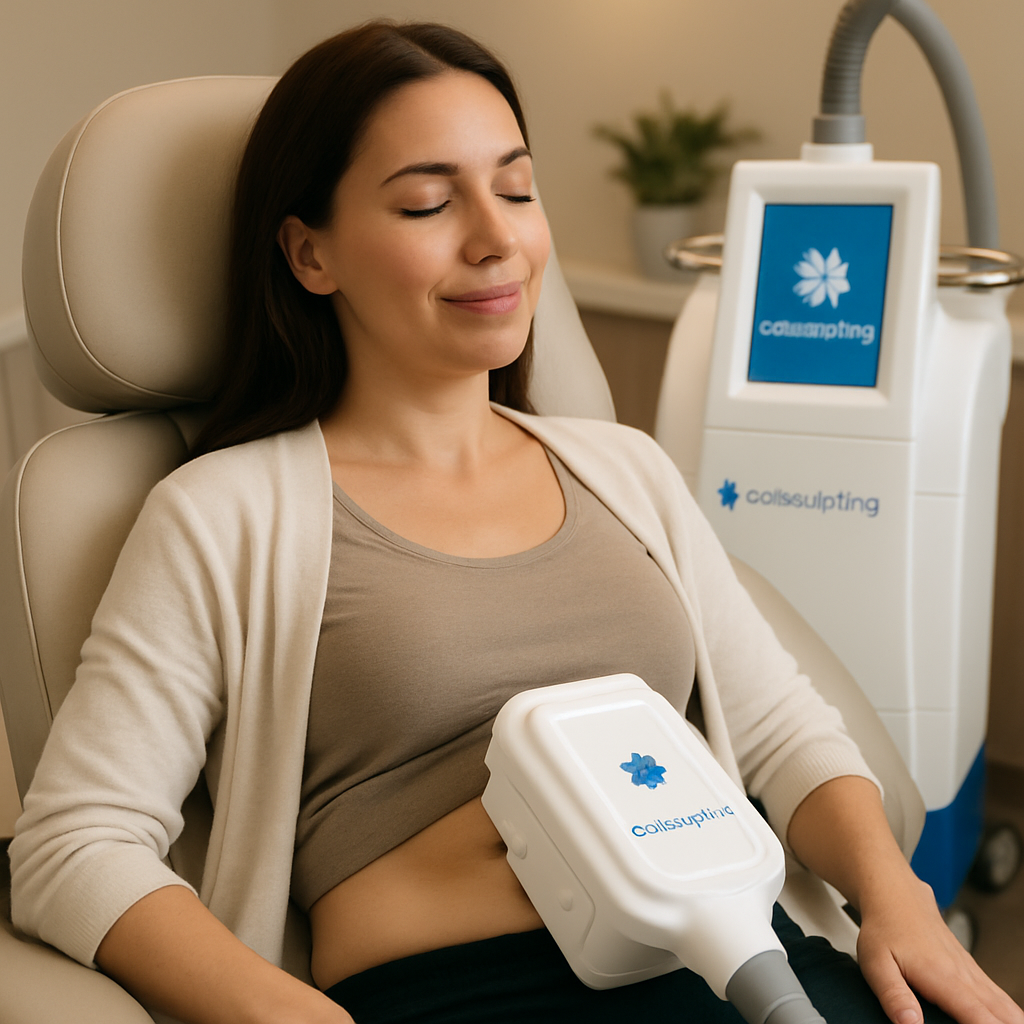 A realistic AI‑generated photo of a woman comfortably seated in a modern medspa, a CoolSculpting applicator gently suctioning her abdomen, soft lighting highlighting the sleek device. Alt: CoolSculpting treatment in progress, showing non‑invasive fat reduction.