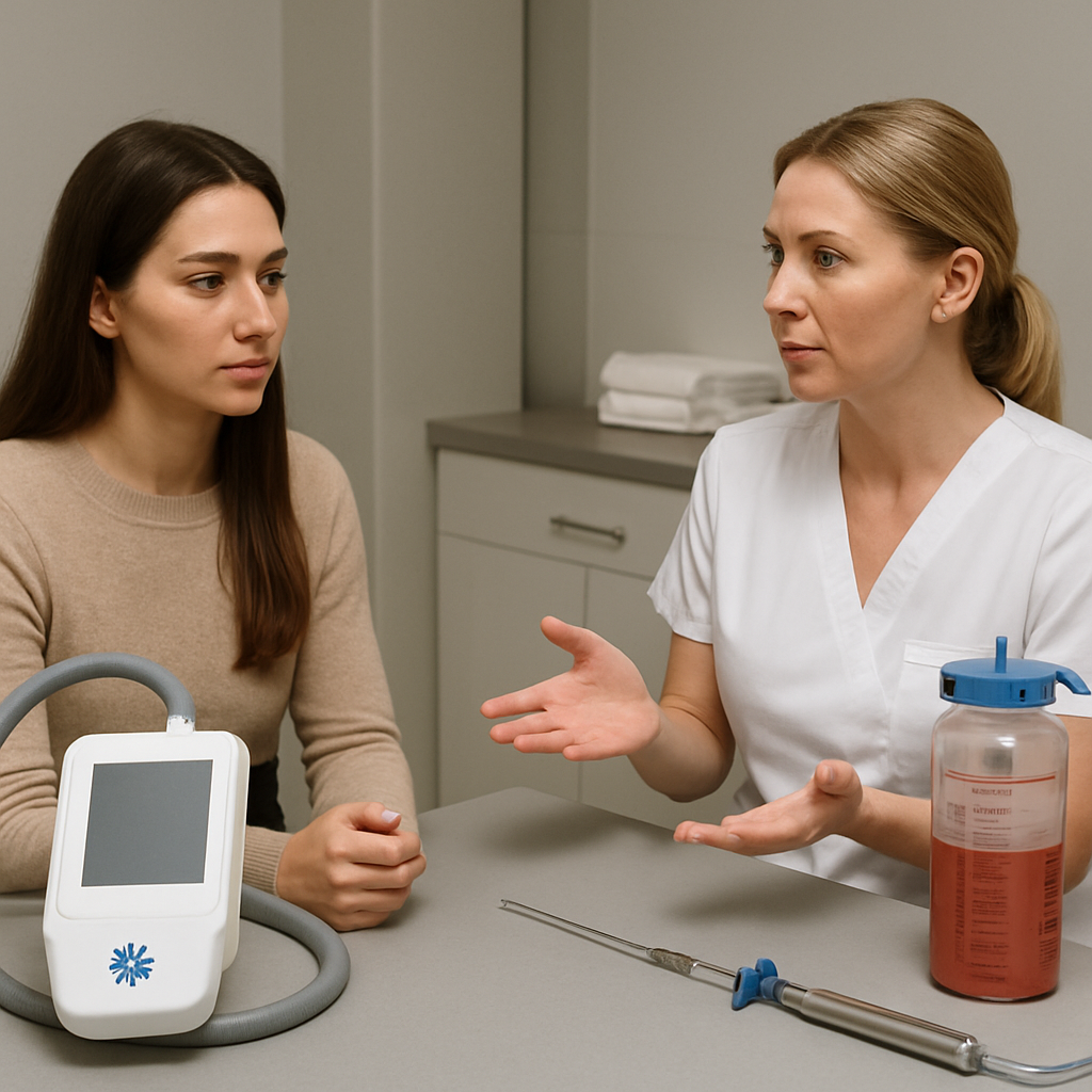 A realistic AI‑generated photo of a woman consulting with a medspa professional, with a coolsculpting applicator on one side of the table and a surgical liposuction setup on the other. Alt: Choosing between CoolSculpting and liposuction – side‑by‑side comparison of treatment options.