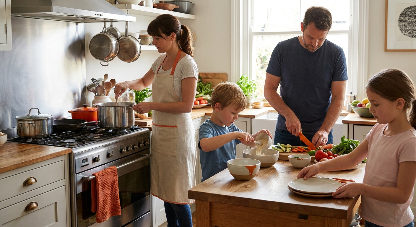 A realistic scene of a family cooking together in a warm kitchen, each member contributing to the meal, showcasing cooperation and shared responsibility. Alt: family cooperation in daily tasks