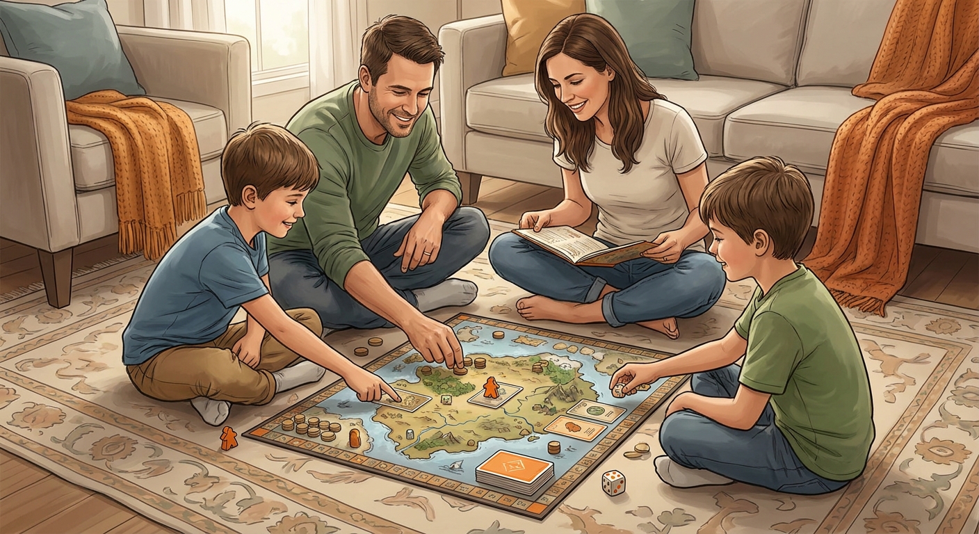 A realistic illustration of a family playing a cooperative board game on a living‑room rug, smiling and engaged, highlighting gamified teamwork. Alt: family cooperation through games