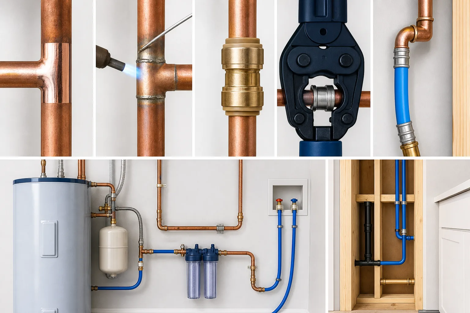 copper leak repair methods using solder push-fit press fittings and PEX