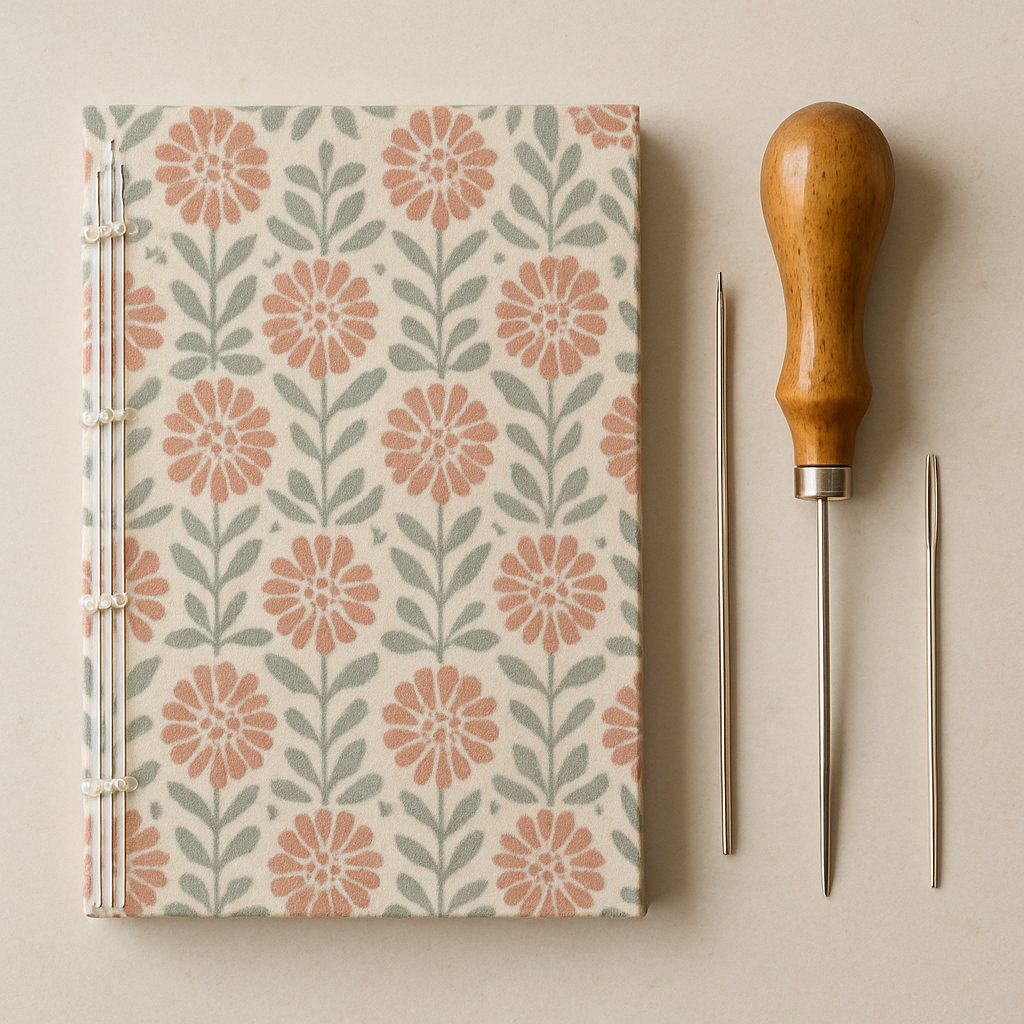 An overhead view of a handmade Coptic stitch notebook with the cover boards wrapped in patterned paper, the spine showing the chain stitch, and the awl and needle laid beside the book. Alt: Coptic stitch bookbinding tutorial cover creation step by step.