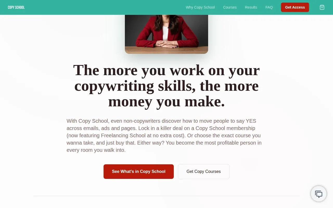 Screenshot of the Copy School by Copyhackers website