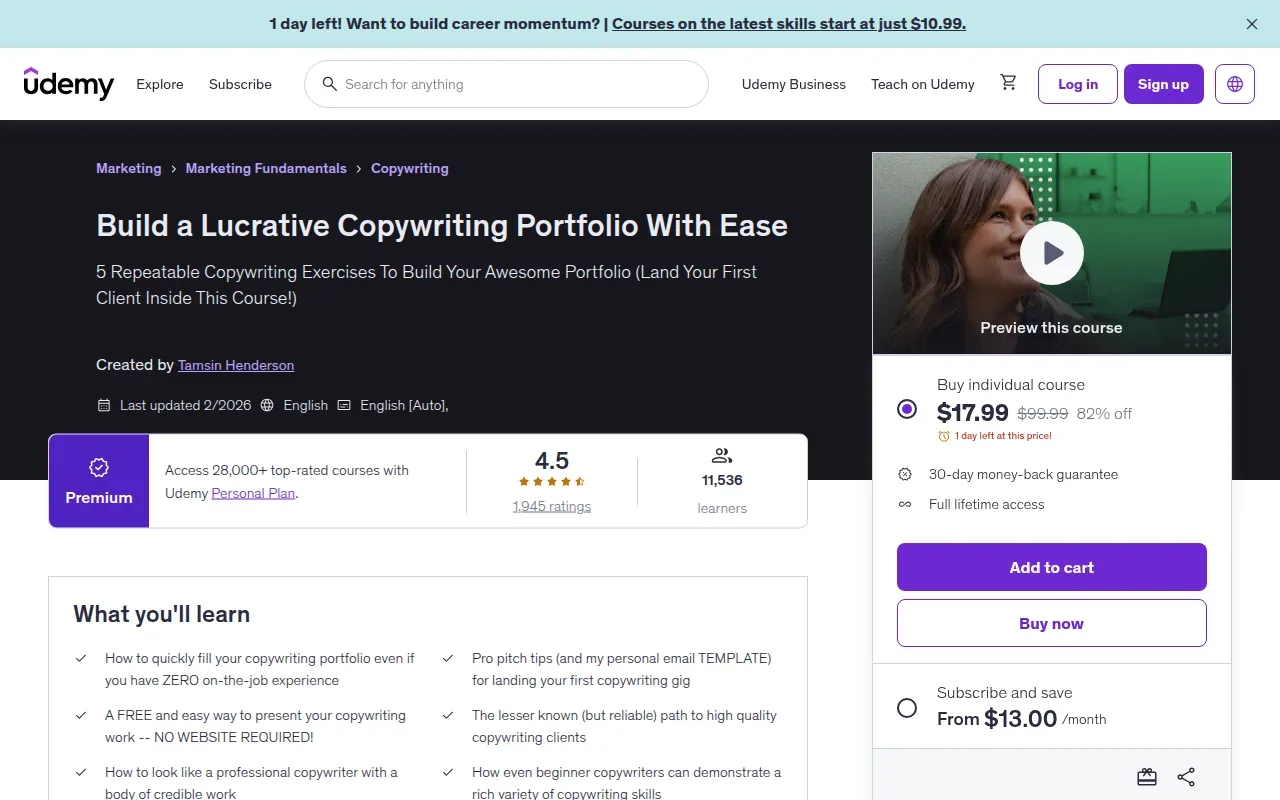 Screenshot of the Build a Lucrative Copywriting Portfolio With Ease by Udemy website