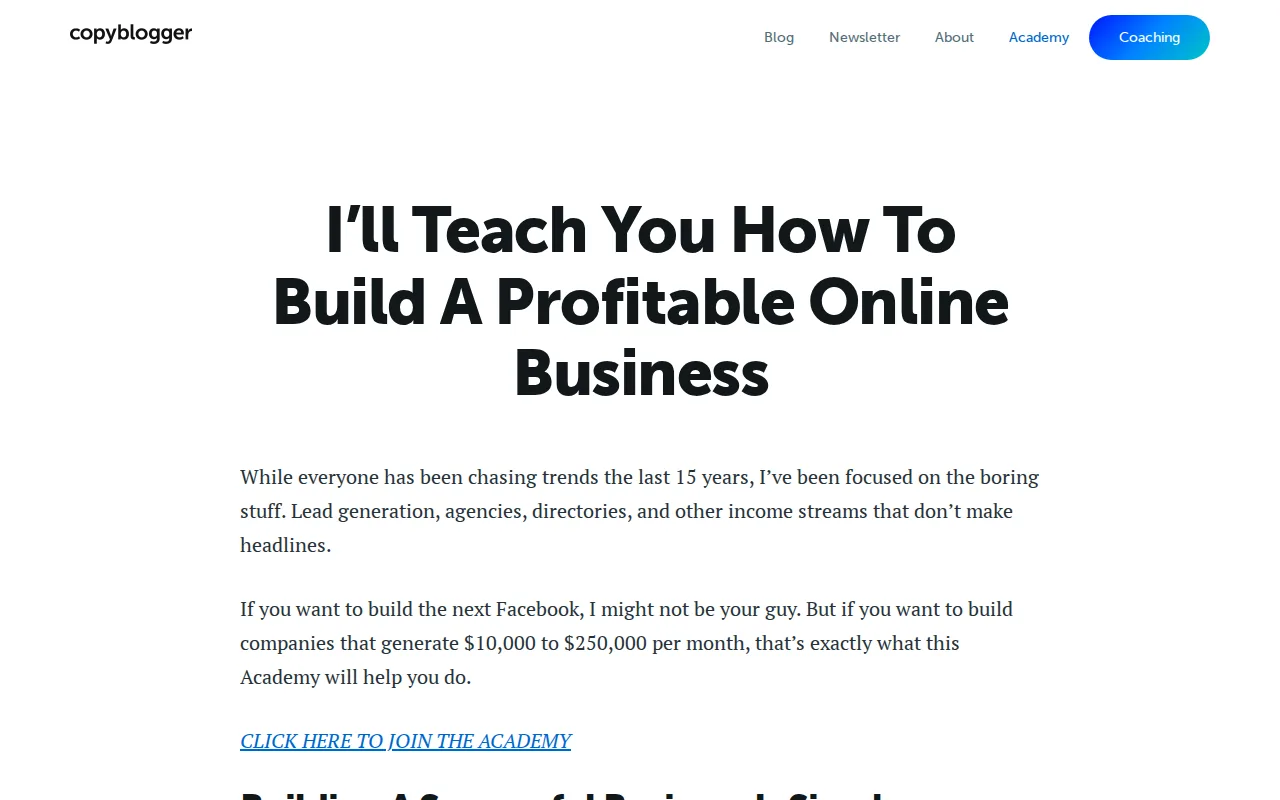 Screenshot of the Copyblogger Academy website