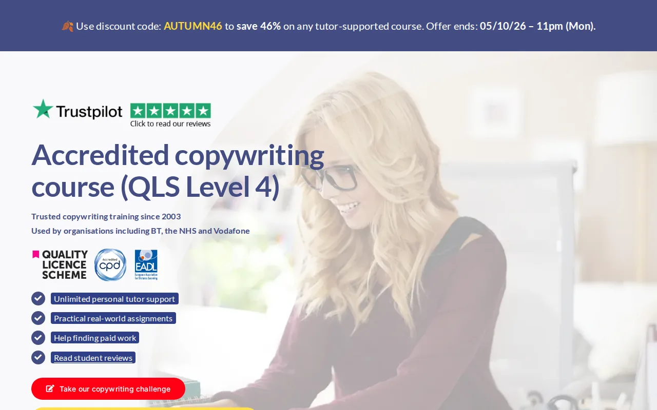 Screenshot of the Copywriting Course by College of Media and Publishing website