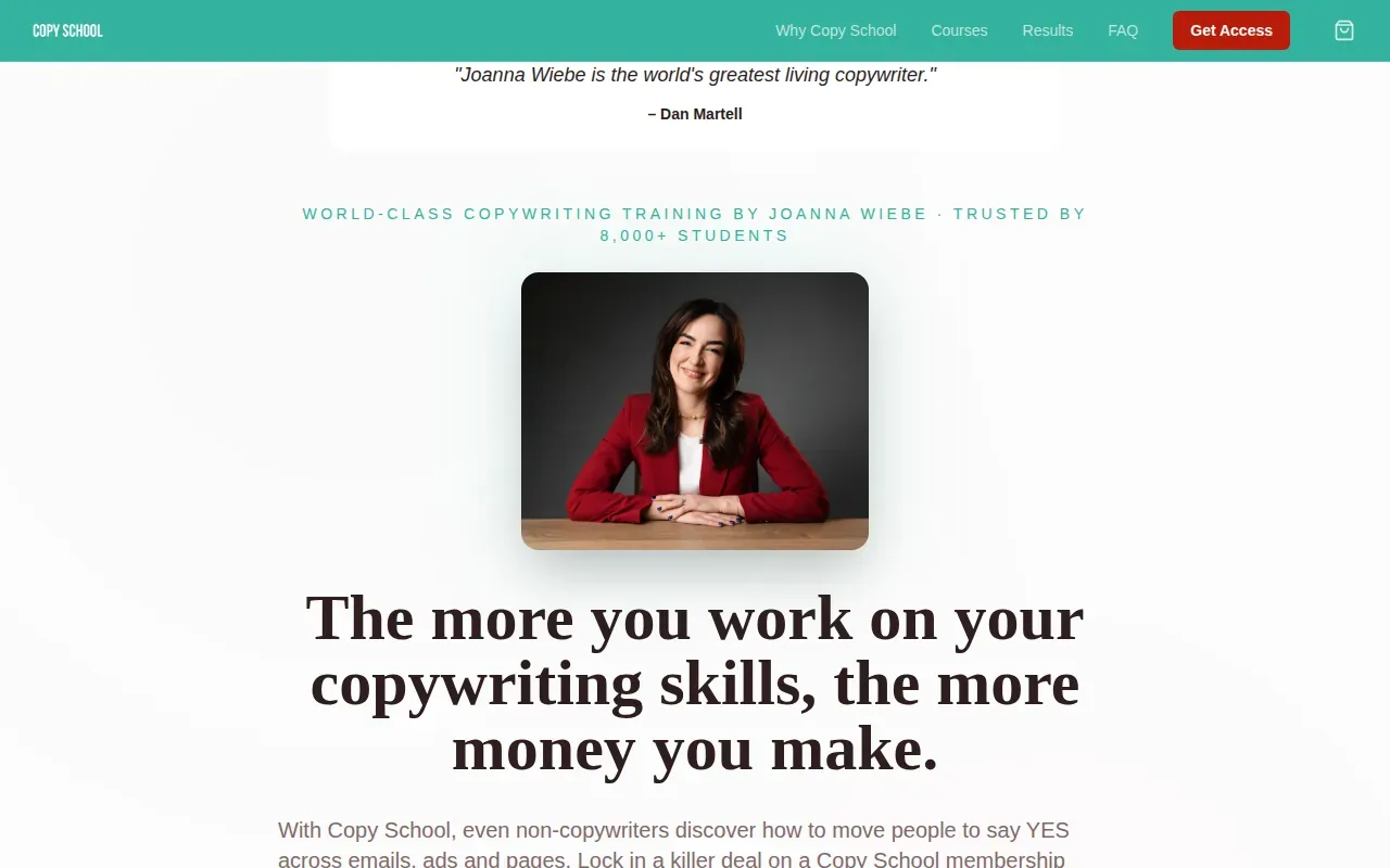Screenshot of the Copy School by Copyhackers website
