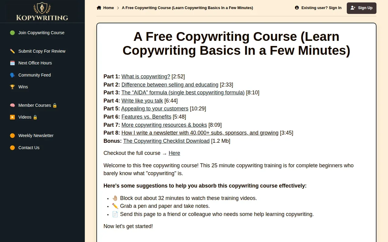 Screenshot of the The Copywriting Course by Kopywriting Kourse website