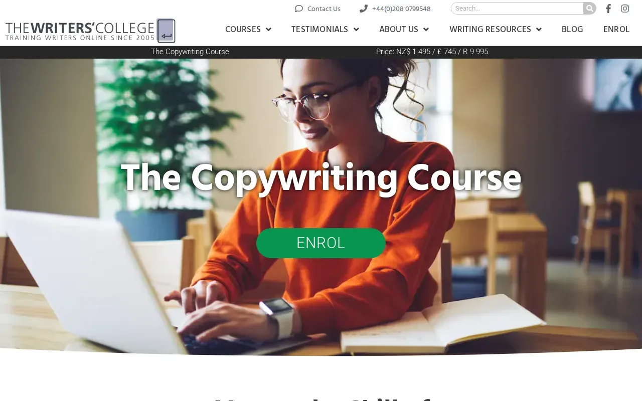 Screenshot of the Copywriting Course by The Writers' College website