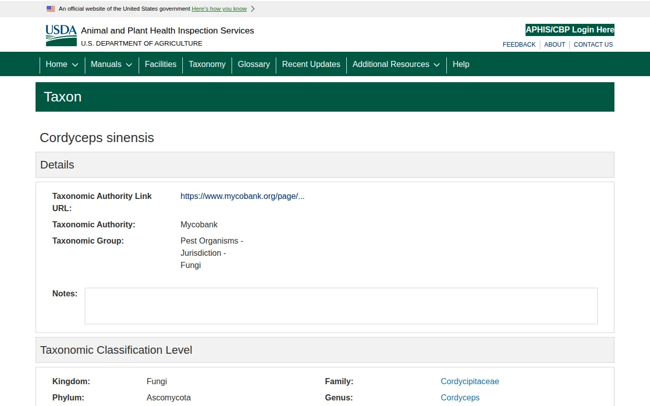 Screenshot of the Cordyceps sinensis website