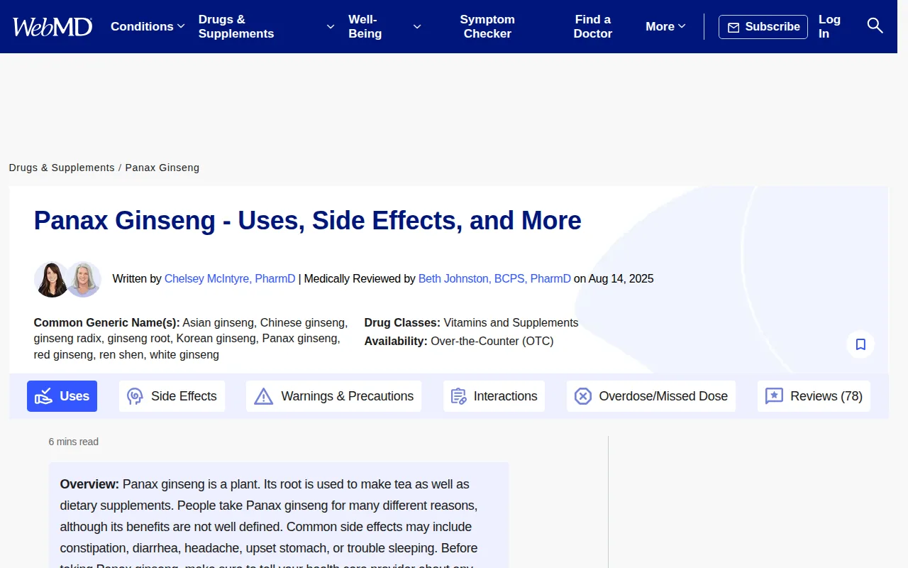 Screenshot of the Panax ginseng website