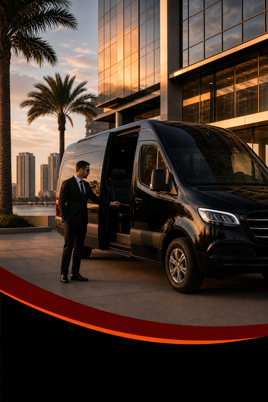 A cinematic photo of a sleek black Mercedes Sprinter van parked outside a modern San Diego office tower at golden hour, with a chauffeur in a dark suit holding the door open, warm orange light reflecting off the glass. Alt: corporate bus rental San Diego executive Sprinter van for business travelers.