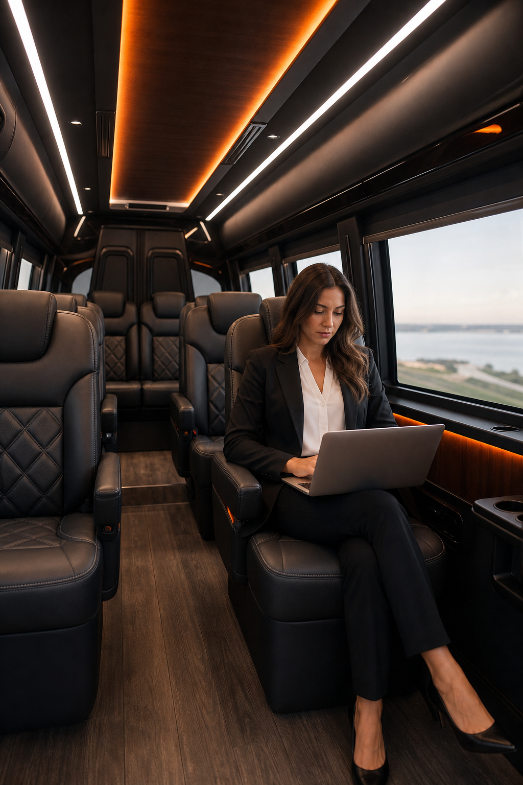 A cinematic interior shot of a luxury Mercedes Sprinter van with plush leather captain's seats, ambient lighting, and a businesswoman working on a laptop, soft daylight through tinted windows. Alt: executive Sprinter van interior for corporate bus rental San Diego group travel.