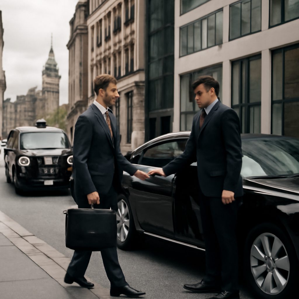 A sleek black luxury sedan parked in front of a modern Boston office building, with a professional chauffeur opening the door for a business executive. Alt: dedicated corporate car service Boston, luxury chauffeur, Boston skyline