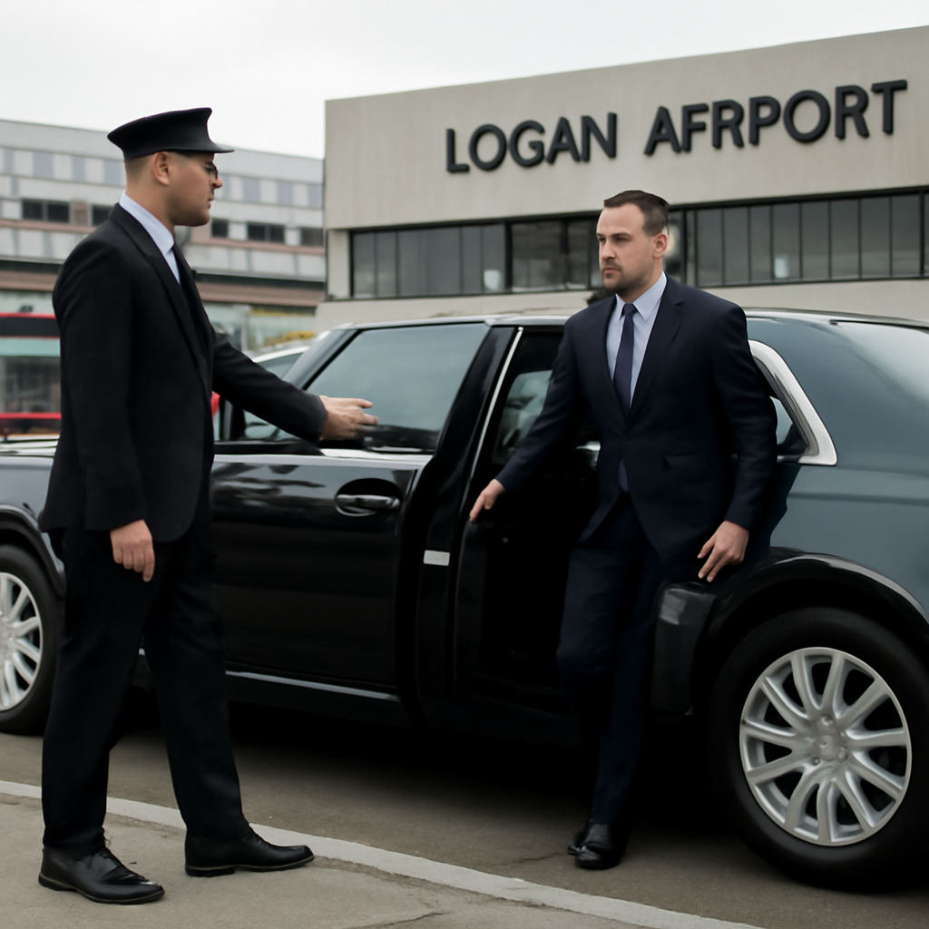 A sleek black limousine waiting at Logan Airport terminal, with a professional chauffeur opening the door for a business traveler. Alt: corporate car service Boston airport transfer.