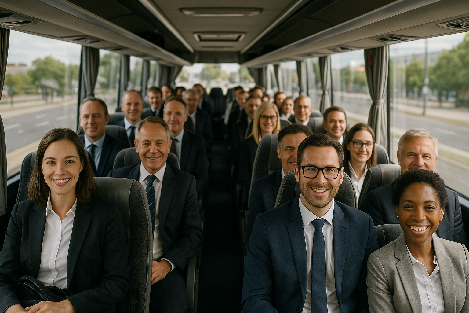 A bus filled with business professionals on their way to a corporate event. Alt: Corporate event bus rental Madrid