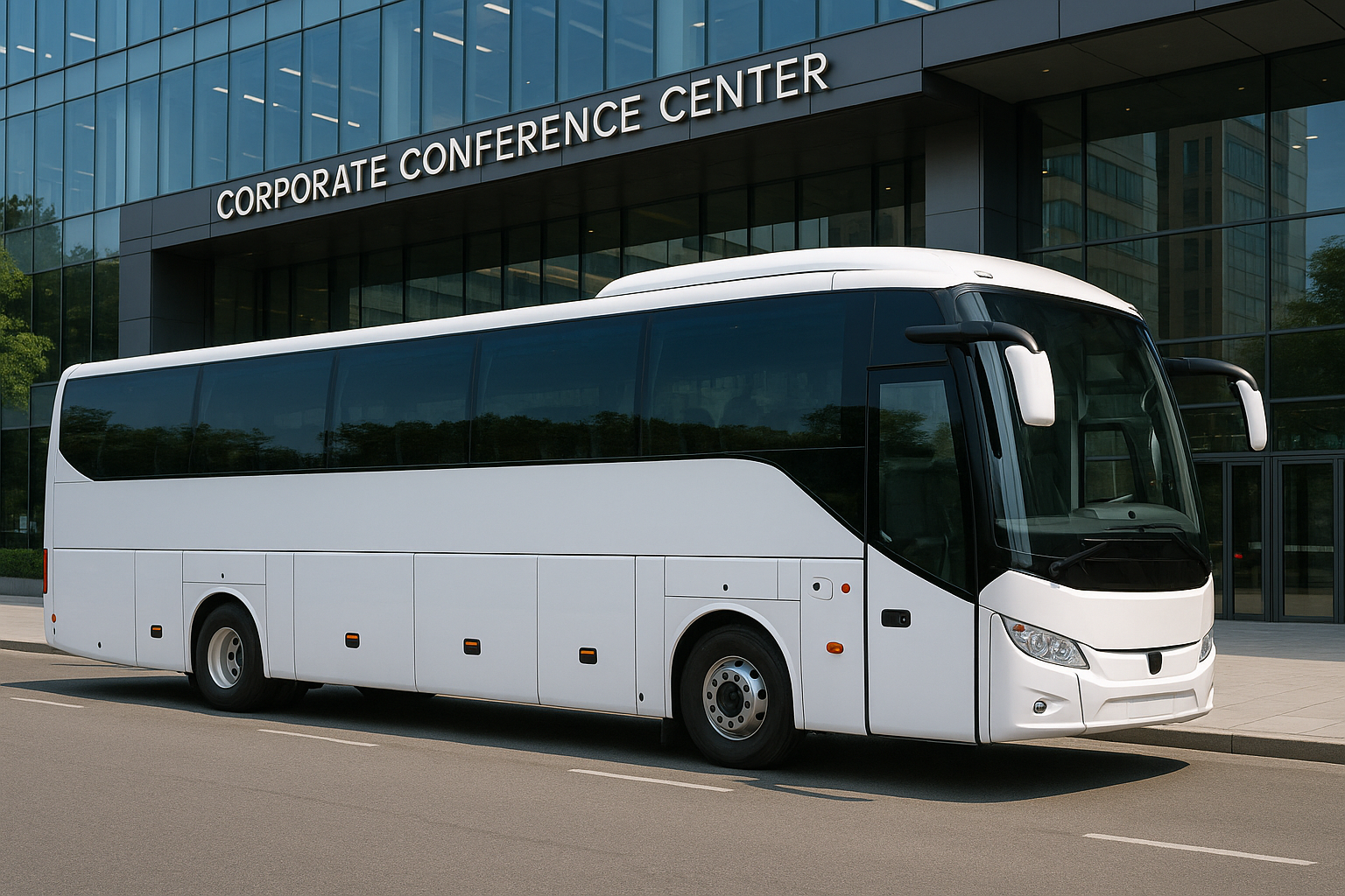 A modern charter bus parked in front of a corporate conference center. Alt: Corporate event bus rental Madrid