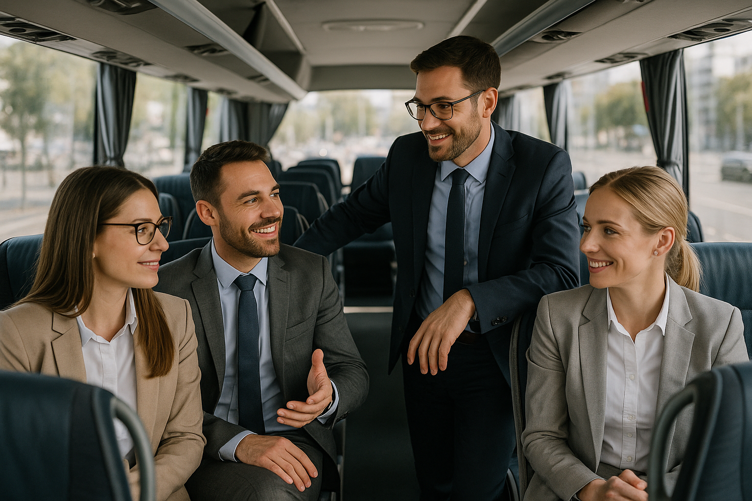 A group of professionals communicating on a bus during a corporate outing. Alt: Corporate team-building bus rental Madrid