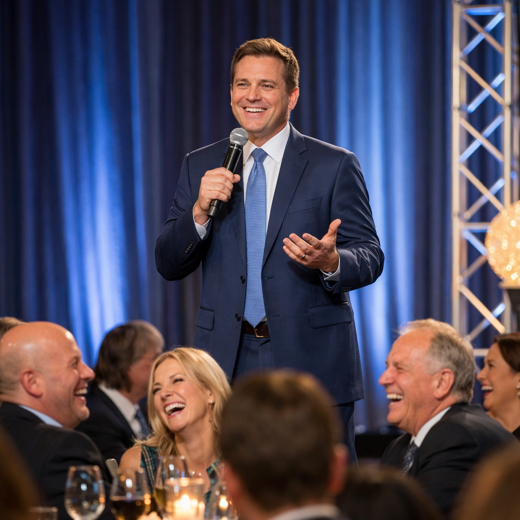 A photorealistic shot of a clean comedian on stage at a corporate gala, smiling, with a microphone and a professional backdrop, audience laughing. Alt: clean comedian performing at corporate event entertainment gala with laughing audience