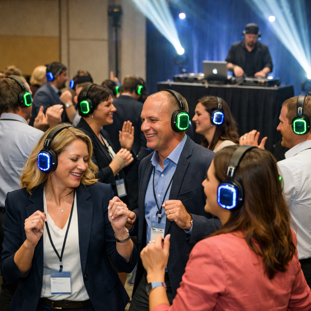 A photorealistic scene of corporate event attendees wearing silent disco headphones, dancing in a well-lit conference hall, with a DJ in the background. Alt: silent disco headphones at corporate event entertainment interactive experience