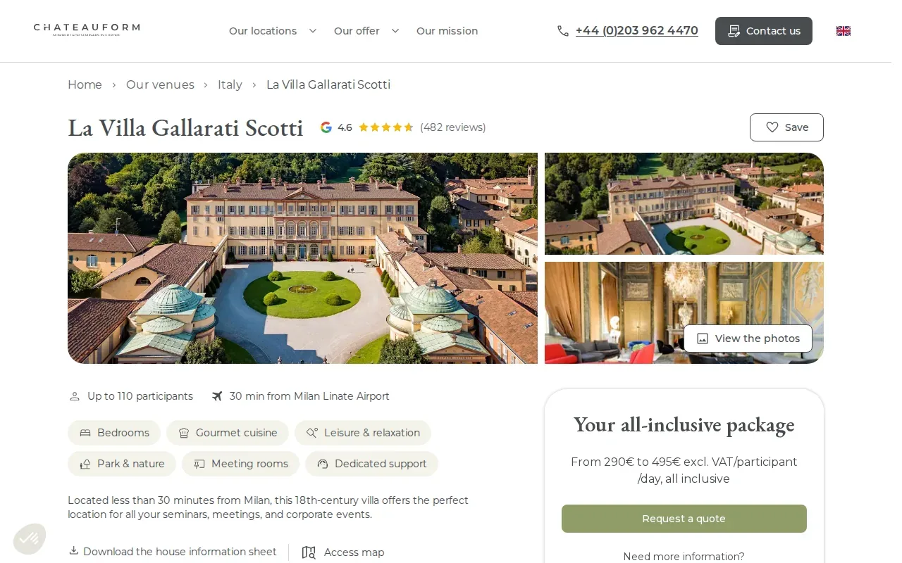 Screenshot of the La Villa Gallarati Scotti by Châteauform’ website