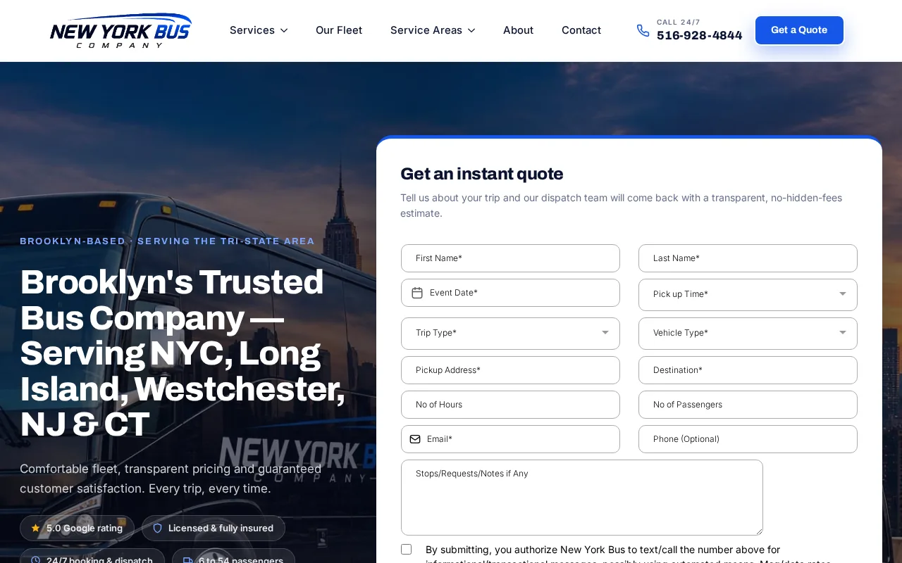 Screenshot of the New York Bus Company website