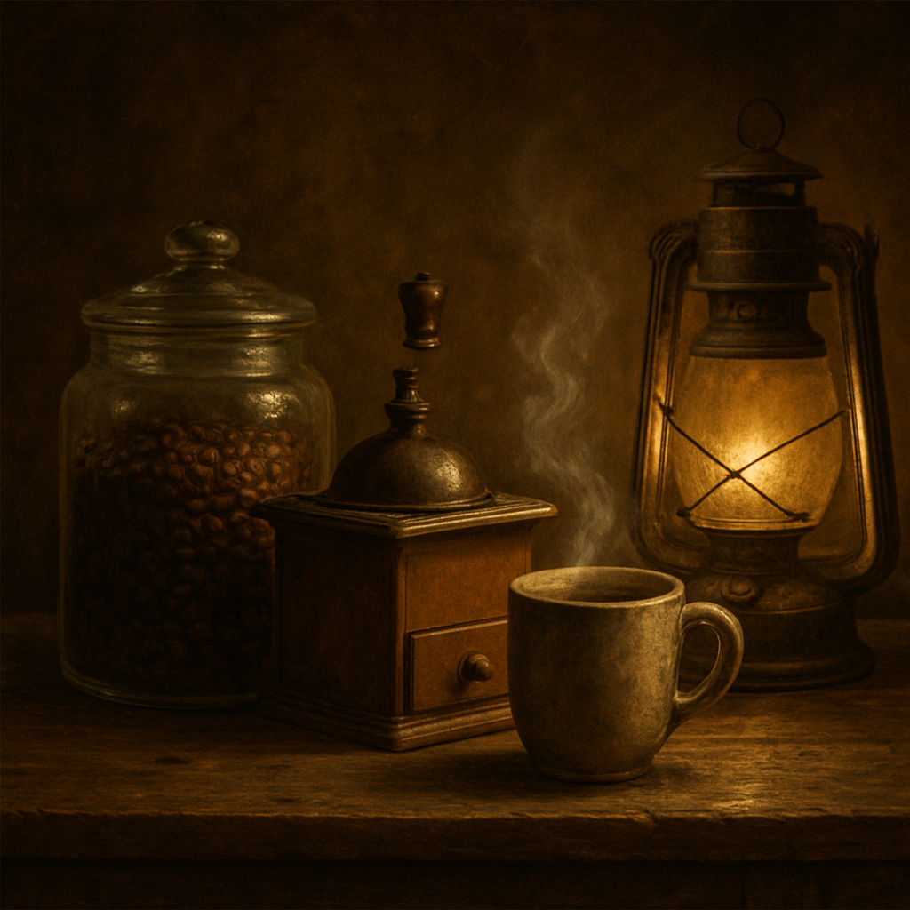 A Realism image of a rustic wooden counter with a jar of dark coffee beans, a grinder, and a steaming mug beside a lantern, evoking a tavern atmosphere. Alt: Cosmic myth coffee origins scene.